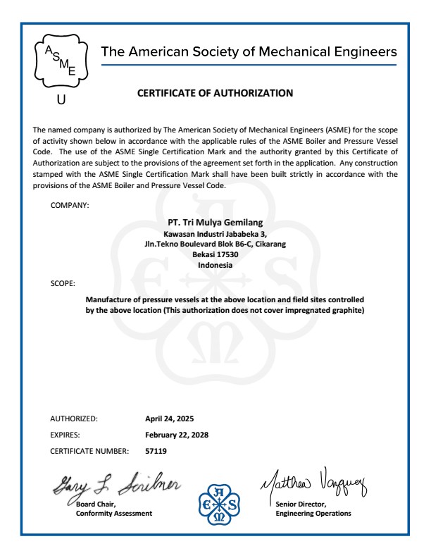 ASME U Stamp Certificate PT Tri Mulya Gemilang for Pressure Vessel Manufacturing