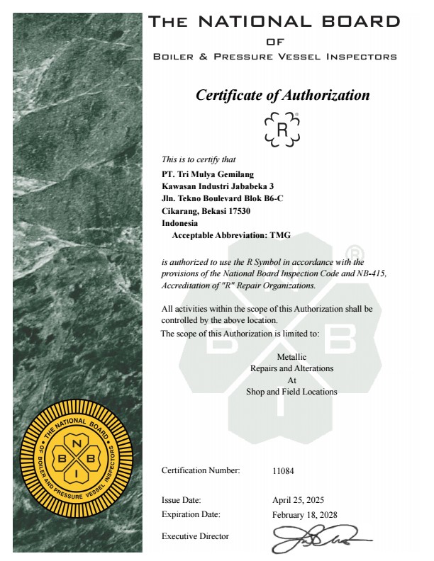 National Board R Stamp Certificate PT Tri Mulya Gemilang authorized for metallic repairs and alterations shop and field locations