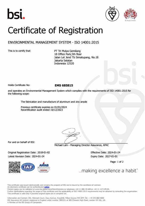 Sertifikat ISO 14001:2015 sistem manajemen lingkungan PT Tri Mulya Gemilang